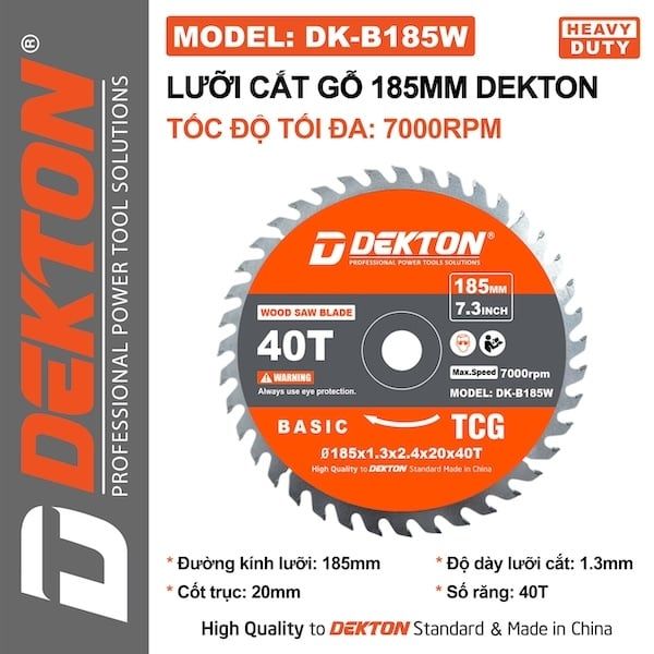 Lưỡi Cắt Gỗ Dekton DK-B185W 185mm/40R 7000RPM 40 Răng