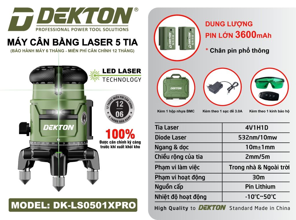 Máy Laser 5 Tia Xanh Dekton DK-LS0505XPRO Kèm Pin Sạc Olive