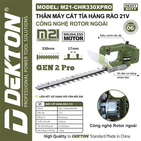 Máy Cắt Hàng Rào Dekton M21-CHR330XPRO 21V Motor Brushless