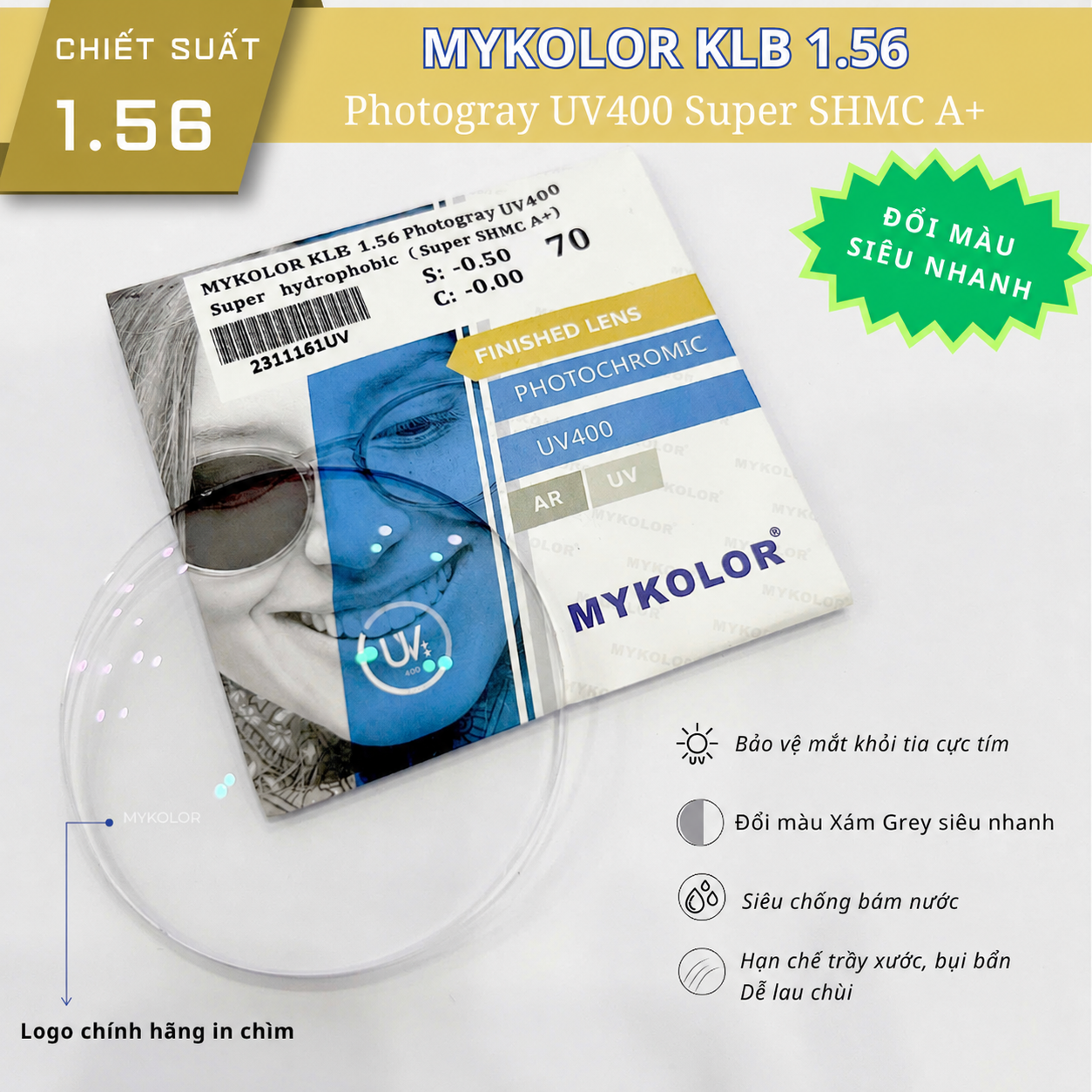  Mykolor KLB 1.56 Photogray.UV400 - Tròng kính đổi màu, mắt kính cận viễn loạn chính hãng 