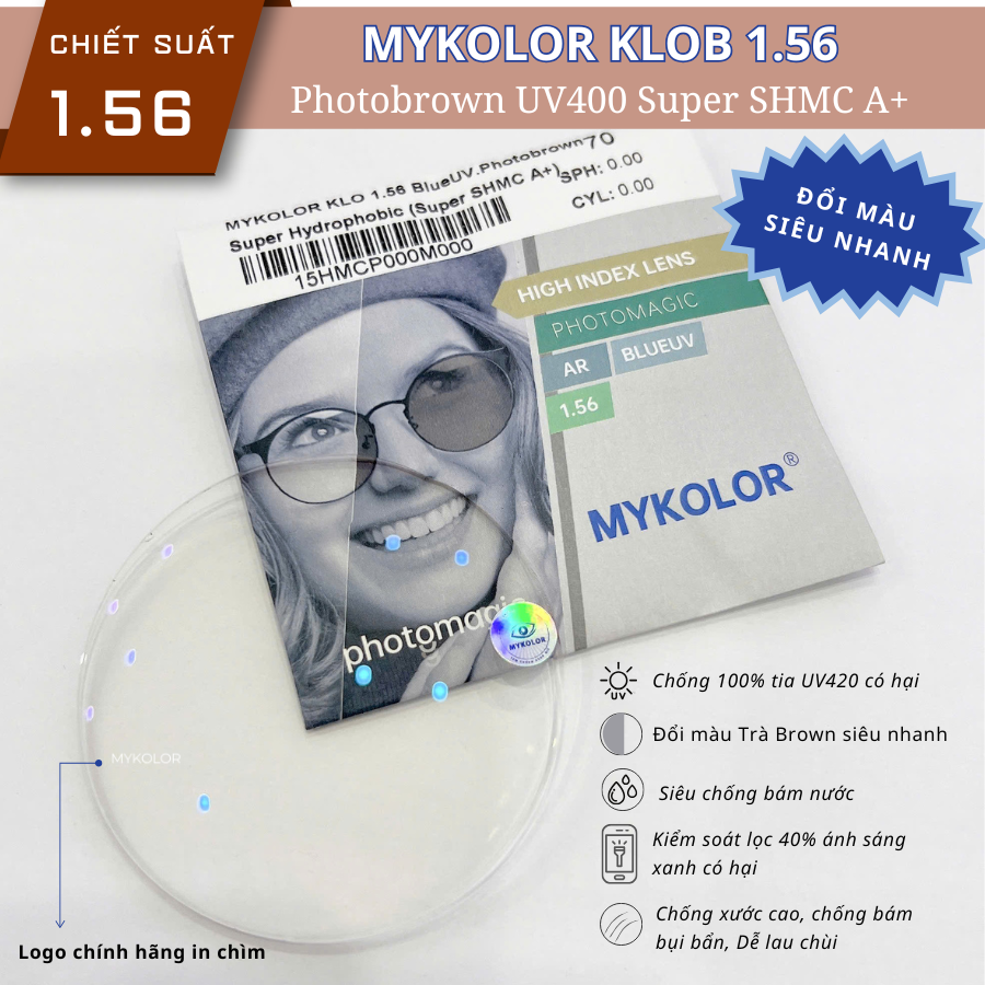  Mykolor KLOB 1.56 BlueUV.Photobrown - Tròng kính đổi màu trà, mắt kính cận loạn chính hãng 