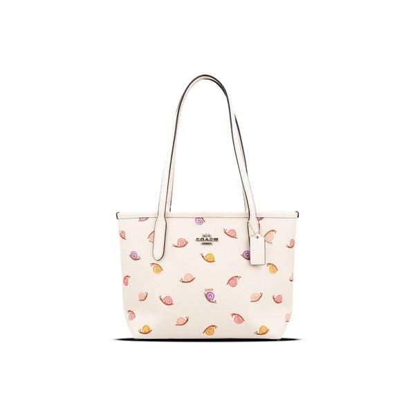  Túi Coach Small City Tote With Snail Print In Silver/Chalk Multi Trắng Họa Tiết Ốc Sên 