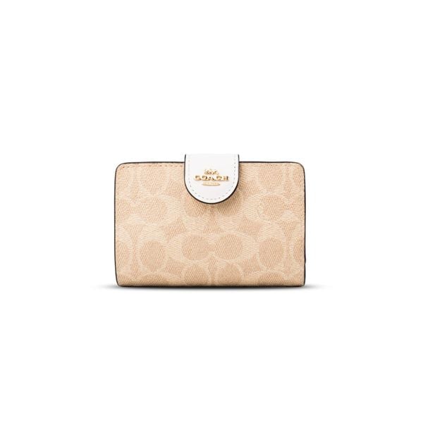  Ví Coach Medium Corner Zip Wallet In Signature Canvas Màu Nude Nắp Trắng 
