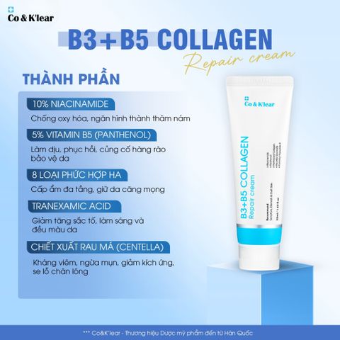  Kem Dưỡng Phục Hồi Làm Dịu Da, Cấp Nước B3 B5 Collagen CoK’lear 30ml 