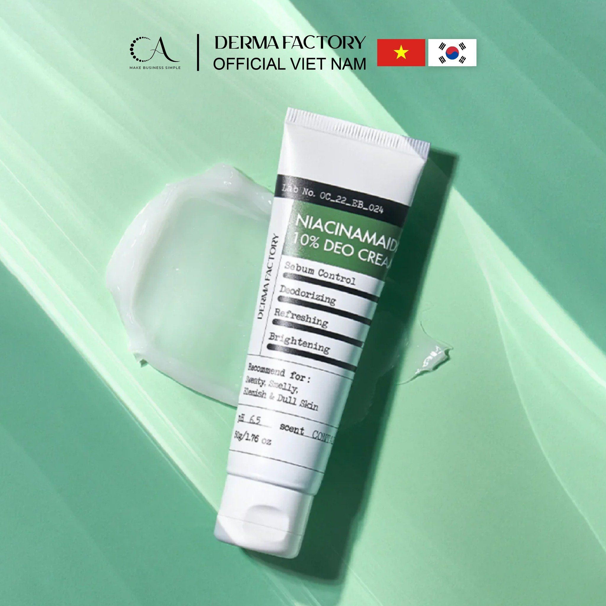  Derma Factory Niacinamide 10% Deo Cream - Kem dưỡng sáng và khử mùi vùng da nhạy cảm, thuần chay 30ml 