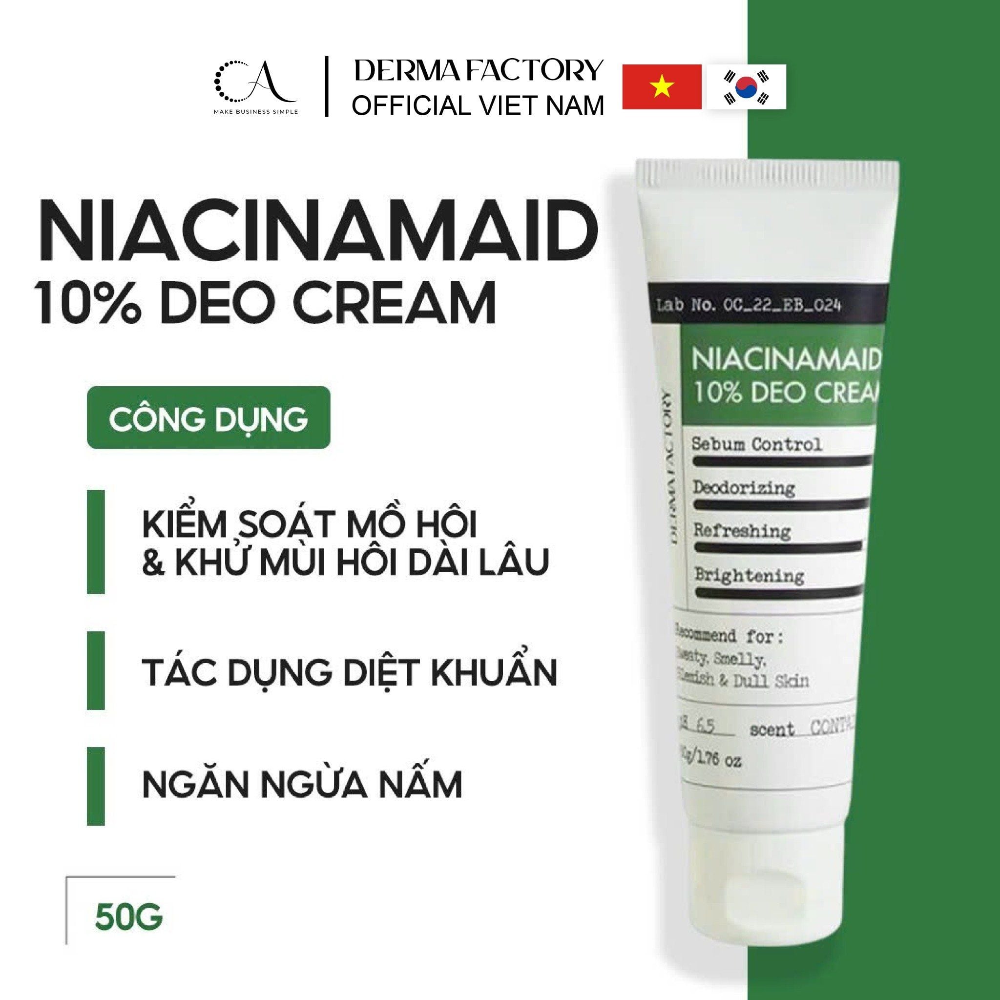  Derma Factory Niacinamide 10% Deo Cream - Kem dưỡng sáng và khử mùi vùng da nhạy cảm, thuần chay 30ml 
