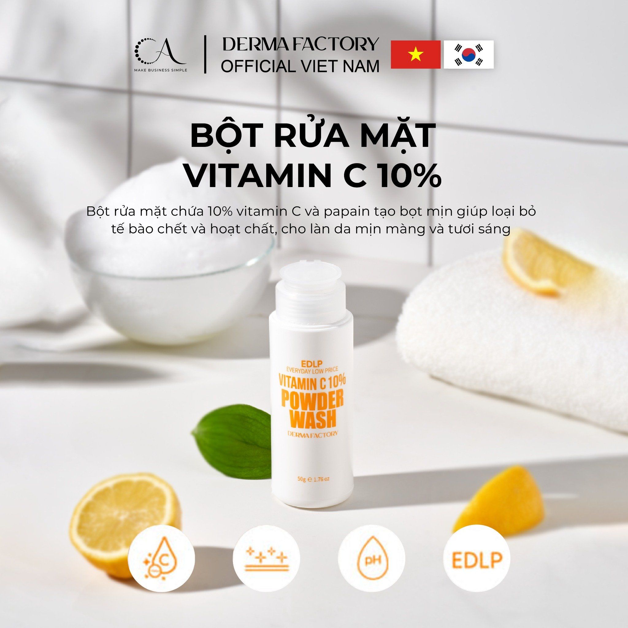  Derma Factory EDLP Vitamin C 10% Powder Wash - Bột rửa mặt Vitamin C làm sáng da, sạch sâu 60g 