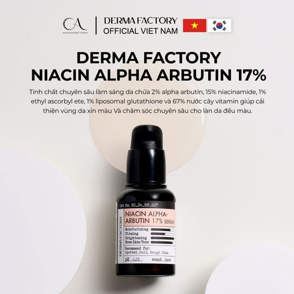  Derma Factory Niacin Alpha-Arbutin 17% Serum - Tinh chất làm sáng và đều màu da 30ml 