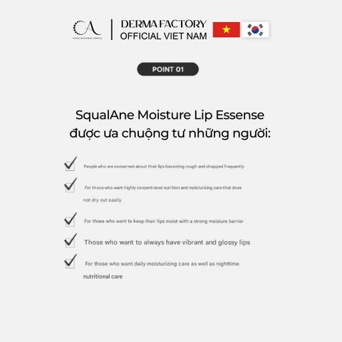  Derma Factory Squalene Moisture Lip Essence - Tinh chất dưỡng môi ẩm mịn, mềm tự nhiên 12ml 