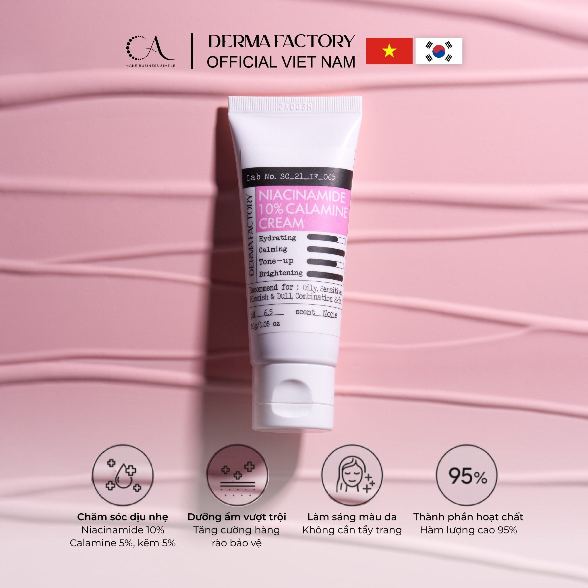  Derma Factory Niacinamide 10% Calamine Cream - Kem dưỡng làm dịu, giảm kích ứng và làm đều màu da nhạy cảm 30ml 