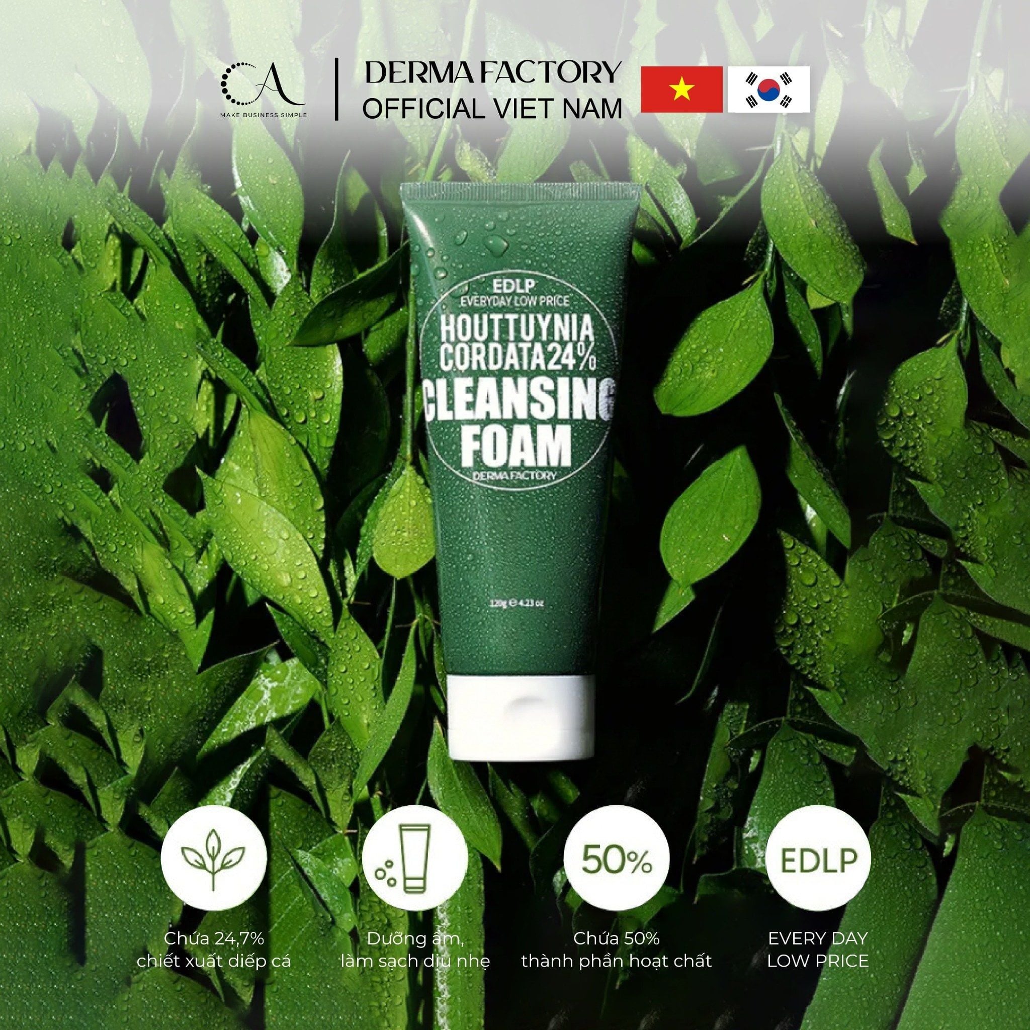 Derma Factory EDLP Houttuynia Cordata 24% bọt làm sạchchứa tinh chất rau diếp cá làm dịu và thanh lọc da 120ml 
