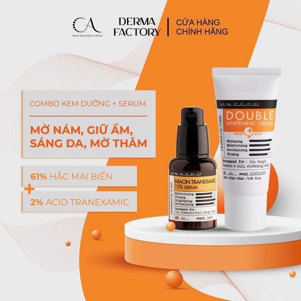  Combo Hỗ Trợ Giảm Thâm Nám Derma Factory Serum Niacin Tranexamic 13% Và Kem Dưỡng Double Whitening Cream 