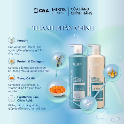  MIXRS GLARIC Cặp Dầu Gội & Dầu Xả Ngăn Rụng, Kích Thích Mọc Tóc Tinh Chất Trứng Cá Hồi - Keratin (500ml - 800ml) 