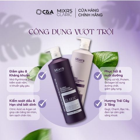  MIXRS GLARIC tím Cặp Dầu Gội & Dầu Xả Chống Bết Dính - Cải Thiện Gàu Tinh Chất Argan, Trứng Cá Hồi (500ml - 800ml) 