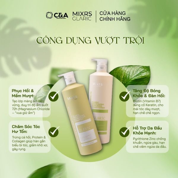  MIXRS GLARIC Cặp Dầu Gội & Dầu Xả Phục Hồi Chuyên Sâu - Mềm Mượt Tinh Chất Trứng Cá Hồi - Biotin (500ml - 800ml) 