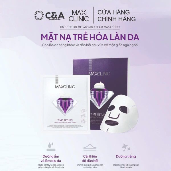  [KCS] Maxclinic Time Return Melatonin Cream Mask Sheets 28 ml - 1 hộp 4 miếng – Mặt Nạ “Sleep‑Reset” Cấp Ẩm Sâu & Làm Sáng Da 