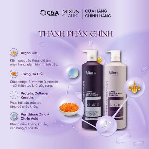  MIXRS GLARIC tím Cặp Dầu Gội & Dầu Xả Chống Bết Dính - Cải Thiện Gàu Tinh Chất Argan, Trứng Cá Hồi (500ml - 800ml) 