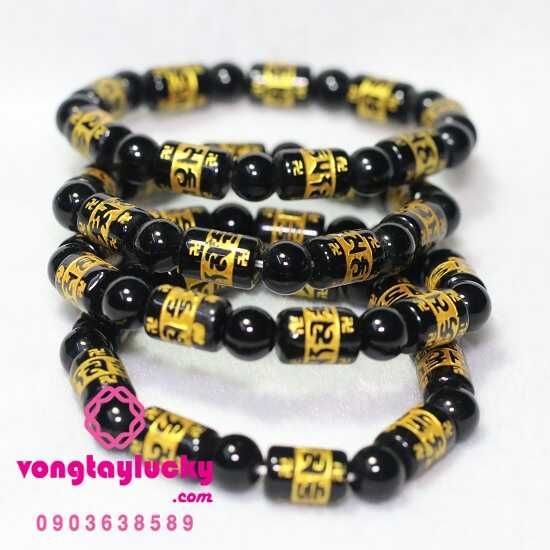 Vòng tay đá đen lu thống khắc kinh Om Mani Padme Hum