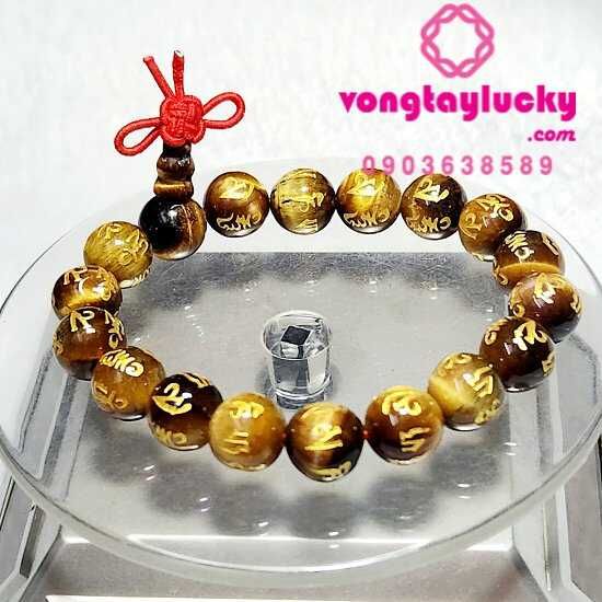 Vòng tay đá mắt hổ 10li khắc kinh Phật