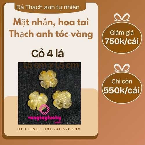 Mặt đá phong thủy cỏ 4 lá thạch anh tóc vàng 5A  làm nhẫn,