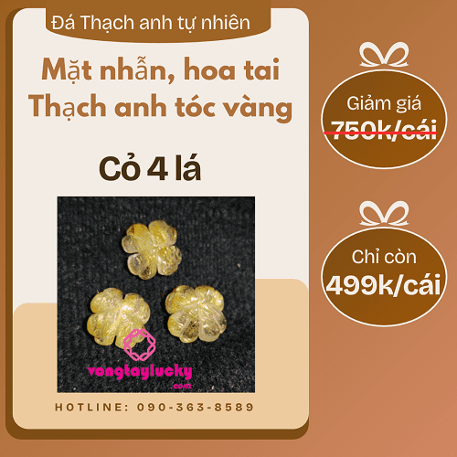 Mặt đá phong thủy cỏ 4 lá thạch anh tóc vàng 5A  làm nhẫn,