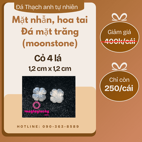 đá mặt trăng, mặt nhẫn cỏ 4 lá đá mặt trăng, trang sức đá mặt trăng, đá moonstone, nhẫn phong thủy đá mặt trăng