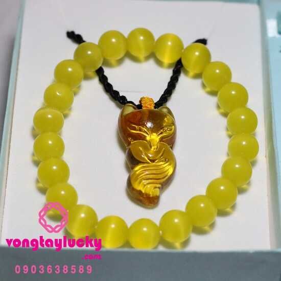 Set vòng tay đá mặt mèo 8li và dây cổ hồ ly phong thủy màu vàng