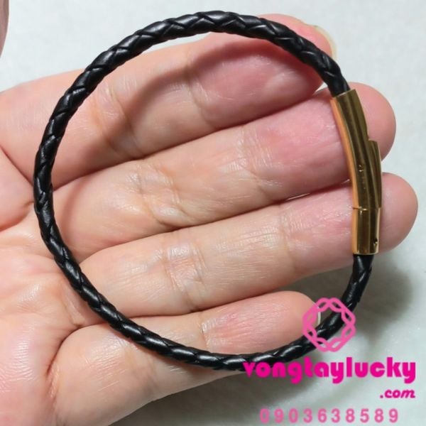 Vòng tay dây da 3 li khóa bấm inox xi vàng