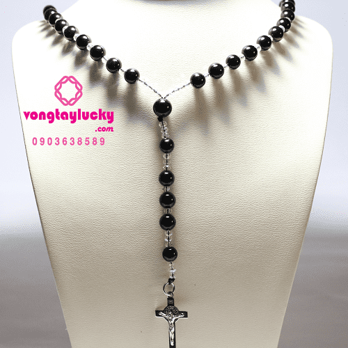 Tràng hạt mân côi 50 kinh mã não đen huyền 8lix10lix4li thánh giá inox: