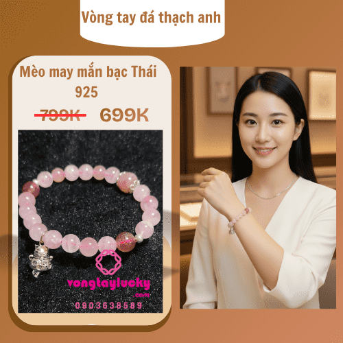 lắc tay, thạch anh hồng tự nhiên,vòng phong thủy vòng tay vòng tay tài lộc, vòng tay mèo may mắn, vòng mèo thần tài