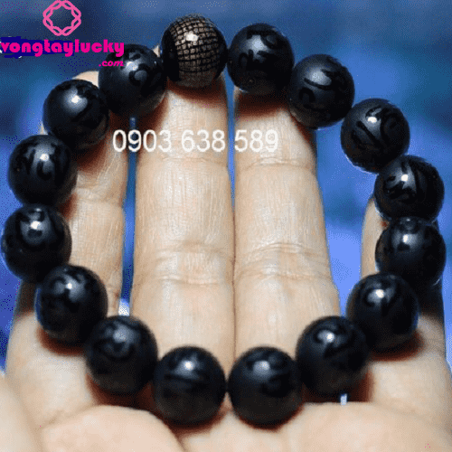 vòng tay khắc kinh Phật đá đen mờ 12li và hồ lô kinh bát nhã