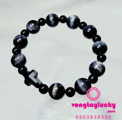 chuỗi mân côi đá mắt hổ, đá mắt hổ xanh dương đen, vòng tay công giáo, vòng tay phong thủy, chuỗi mân côi mệnh Thủy