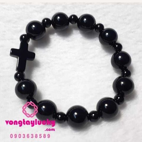 Chuỗi hạt mân côi đá mã não đen 12li thánh giá pha lê Áo