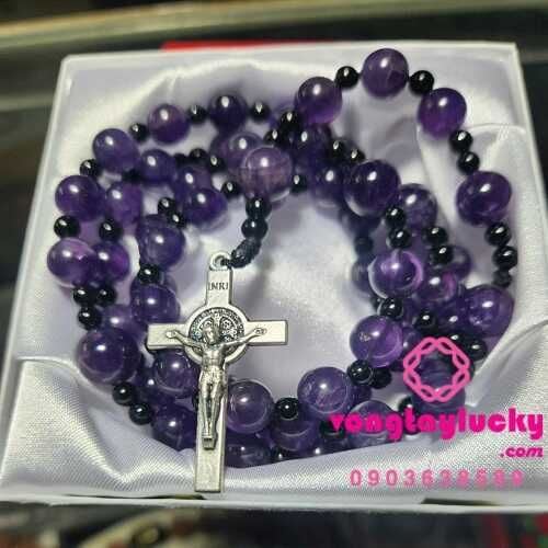 Tràng hạt mân côi thạch anh tím thiên nhiên 8li -10li trừ tà của Ý tế dây dù