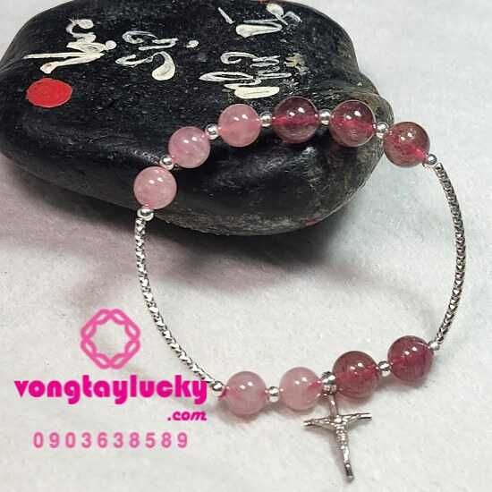 Chuỗi mân côi thạch anh dâu và thạch anh hồng phối bạc Thái Mẫu 2