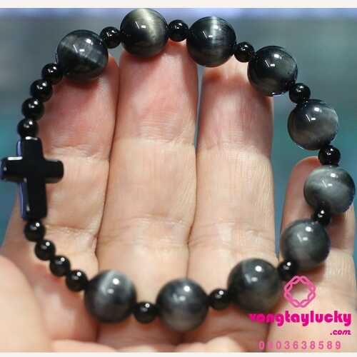 Chuỗi mân côi đá mắt hổ đen 10li xen mã não đen 4li thánh giá đá mã não đen