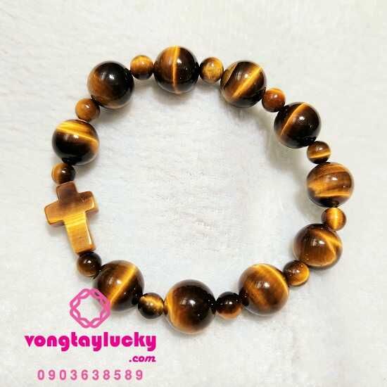 Chuỗi mân côi đá mắt hổ vàng nâu Vip hạt 12 li mix thánh giá đá mắt hổ cùng loại tay Nam