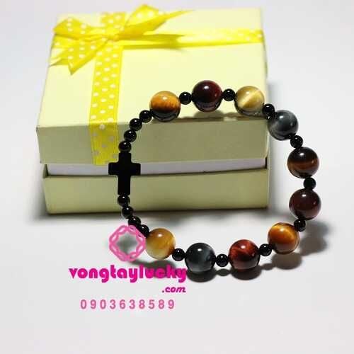 Chuỗi mân côi đá măt hổ đa sắc xen 4li thánh giá pha lê Áo