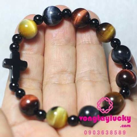 Chuỗi mân côi đá măt hổ ngũ sắc /tam tài 10li thánh giá đá