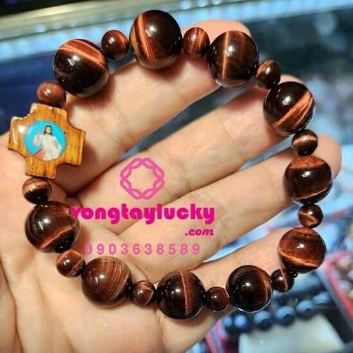 Chuỗi mân côi đá mắt hổ đỏ đẹp 12 LI-6LI thánh giá gỗ