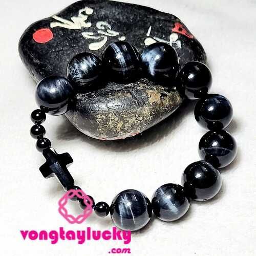 Vòng tay công giáo đá mắt hổ xanh đen 16li 3A