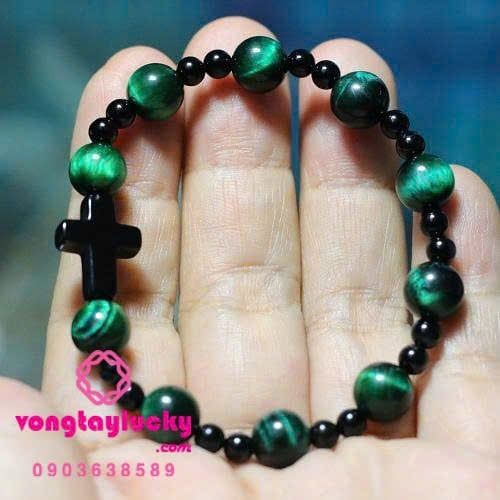 Chuỗi mân côi đá mắt hổ xanh lục 8li thánh giá đá