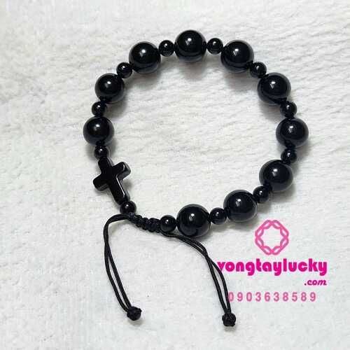 Chuỗi mân côi mã não đen dây rút 10li