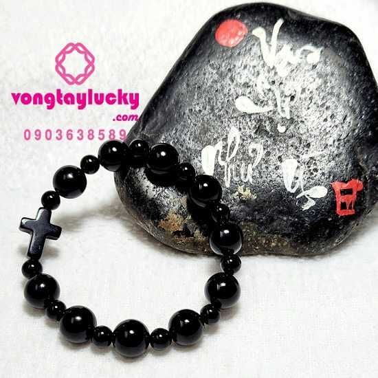 Chuỗi mân côi mã não đen 10li xen 6li thập giá mã não đen