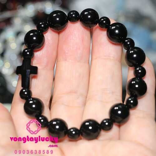 Chuỗi hạt mân côi đá mã não đen thánh giá pha lê 10li xen 6li hay 5li tùy cổ tay