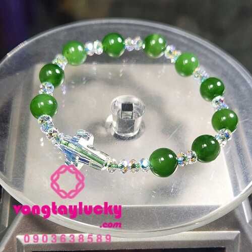 Chuỗi mân côi đá ngọc bích (Nephrite) 8li xen pha lê Áo và thánh giá Áo lấp lánh