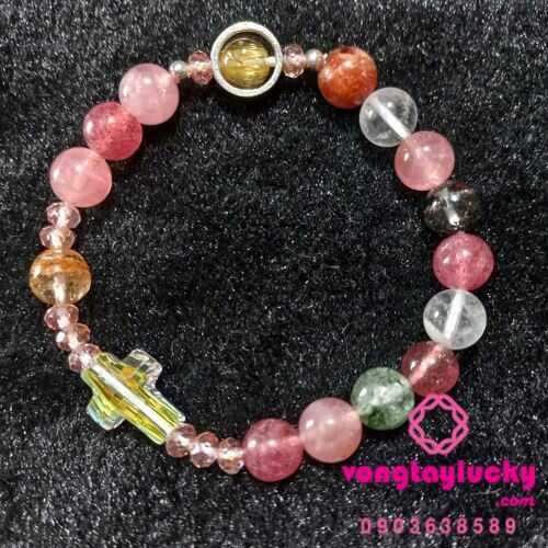Chuỗi mân côi đá thạch anh thiên nhiên 8li điểm TA tóc vàng và charm bạc Thái độc đáo