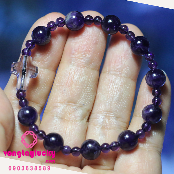 Chuỗi mân côi thạch anh tím 8li thánh giá pha lê Áo