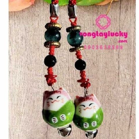 quà tặng cặp đôi, dây treo điện thoại, dây treo ba lô, quà lưu niệm,mèo xanh lá, mèo thần tài