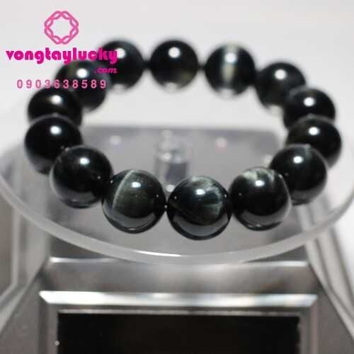 Vòng tay đá mắt hổ đen tự nhiên 14 li - 16li hạt tròn dành cho Nam tay lớn Mệnh thủy